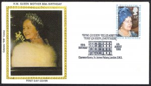 Great Britain Sc# 919 Colorono Silk cachet FDC (c) 1980 8.4 Queen Mother 80th