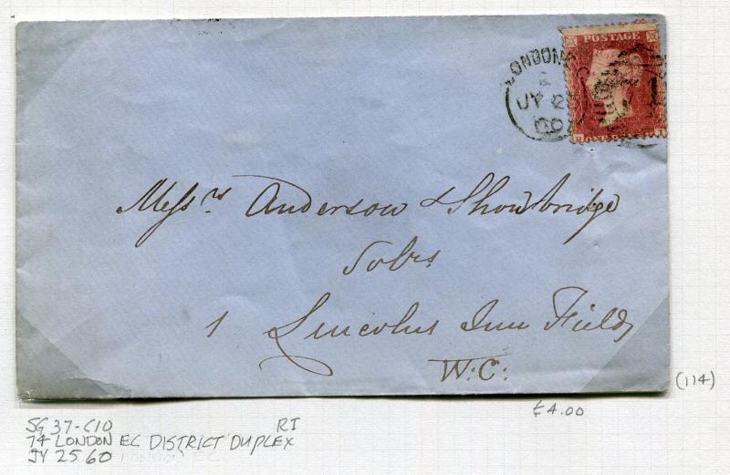 Great Britain Postal History Cover - 1860 SG #37 - 74 London District Duplex