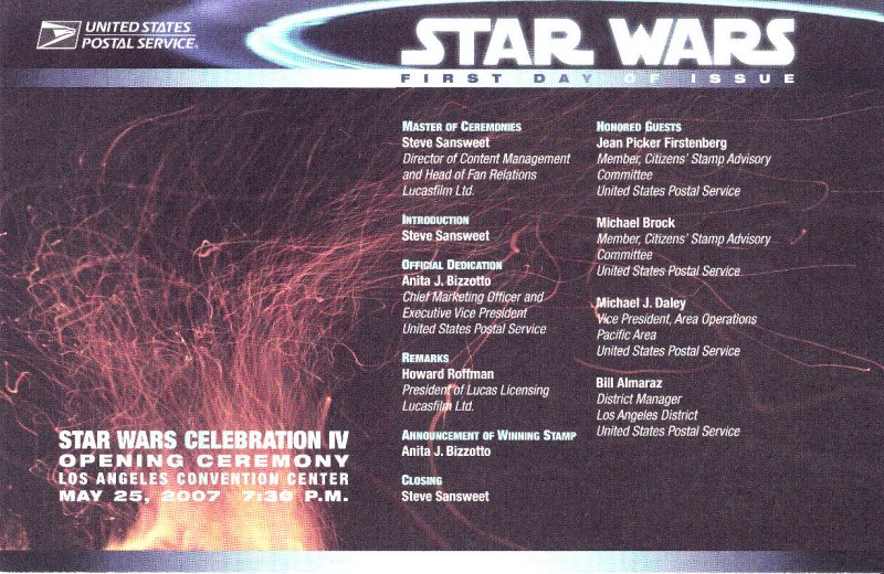 USPS FDC Ceremony Program #4143a,d,e,f,h,j,o Star Wars 4 Cancels 2007