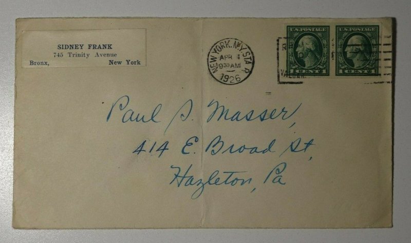 US Sc#408 Imperf Pair Used On Cover 1926 Sidney Frank NY