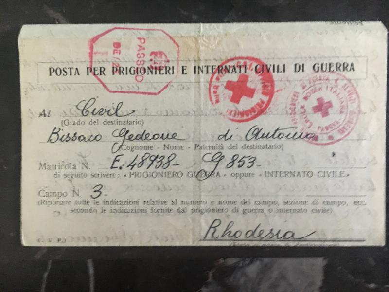 1943 Padova Italy Letter Cover to Southern Rhodesia Prisoner of War POW Camp # 3