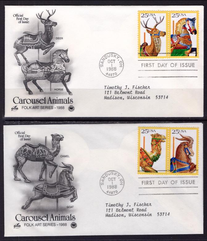 US 2390-2393 Carousel Animals PCS Artcraft Variety Typed Set of Two FDC