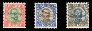 Iceland #C9-11 Cat$440, 1931 Zeppelin, set of three, used