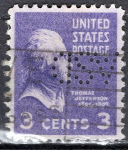 USA; 1938: Sc. # 807: Used. Single Stamp W/Perfins