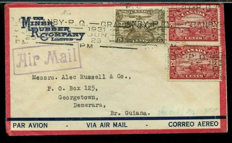SUPERB  1931 45c airmail to BRITISH GUIANA commercial cover Canada