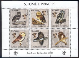 St Thomas & Prince Is. - 2003 MNH sheet of 6 owl stamps #1503 cv $ 9.50