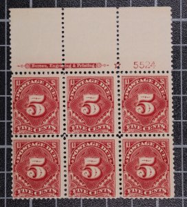 Scott J64 5 Cents Postage Due MNH Plate Block Of 6 Top 5524 SCV $275.00