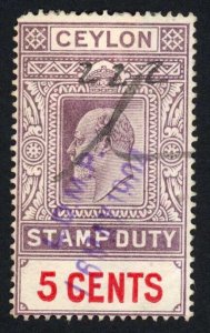 Ceylon Stamp Duty BF108 5c Lilac and Red wmk Mult Crown CA