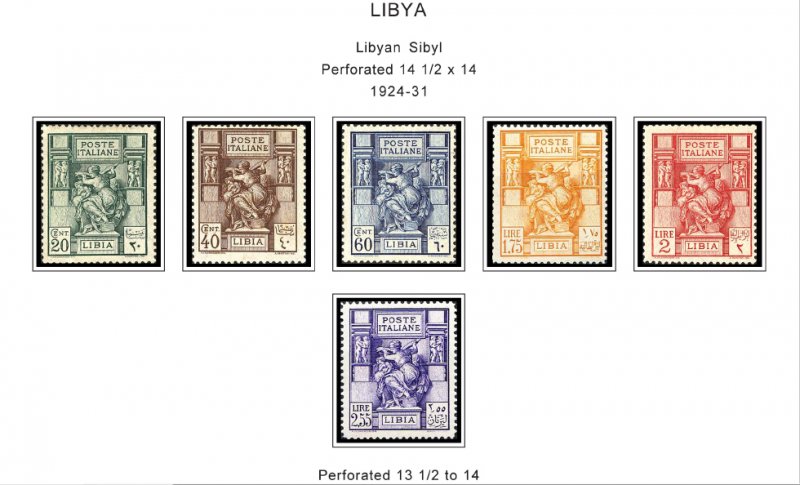 COLOR PRINTED ITALIAN LIBYA 1912-1942 STAMP ALBUM PAGES (24 illustrated pages)