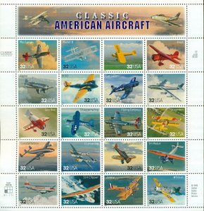 US: 1997 CLASSIC AMERICAN AIRCRAFT;  Sheet of 20, Sc 3142; 32 Cents, Airplanes