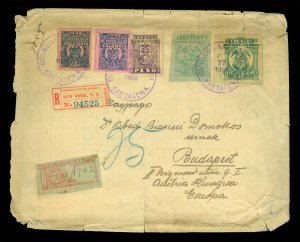 COLOMBIA 1903 Multifranked Registered cover to Budapest w/ high values 10p, 5p++