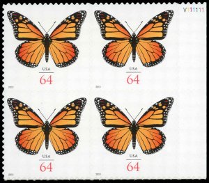 US Sc 4462 VF/MNH BLOCK w/PLATE#- 2010 64¢ Monarch Butterfly - P.O. Fresh