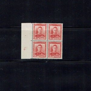 New Zealand: 1938 King George VI 1d Rose definitive plate block, 4A, MLH