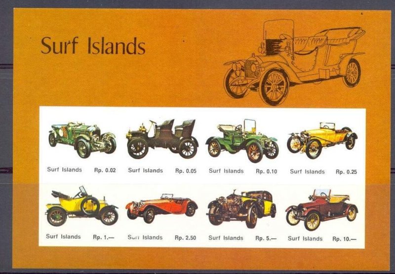 SURF ISLANDS - Vintage Cars - Imperf 8v Sheet  - M N H - Private Issue