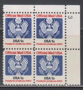 United States,  1c Official  (SC# O127) MNH PLT # BLOCK