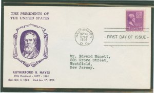 US 824 1938 19c Rutherford B. Hayes (presidential/prexy series) single on an addressed first day cover with a Hux cut cachet.