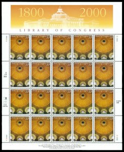 Scott 3390 33c Library of Congress Mint Sheet of 20 VF NH Face $6.60 Cat $13