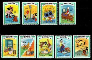 Bhutan 1954 - Disney - Mickey Mouse Set of 9 Stamps - Scott #397-405 - MNH