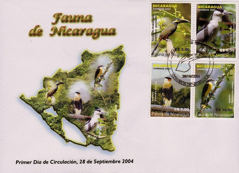 NICARAGUA BIRDS, BLOCK of 4 Sc 2437-2440 FDC 2004