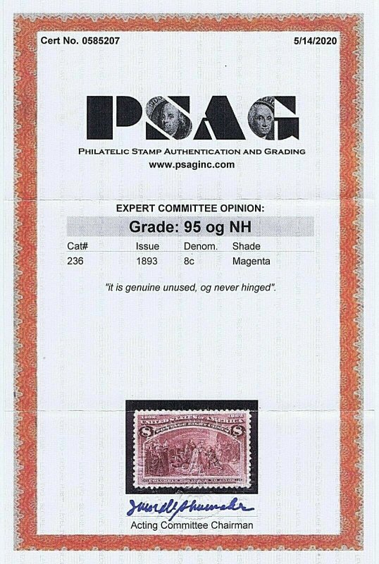 SC# 236 UNUSED OG NH 8C COLUMBUS RESTORED 1893 2020 PSAG CERT GRADE XF-S 95 &...