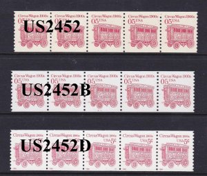 PNC5 5c Circus Wagon US #2452, 2452a, 2452B, 2452Bf, 2452D, 2452Dg Lot 6 MNH