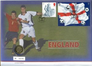 2002 England Football World Cup 1 Pound Coin Cover, Royal Mail First Day Cover