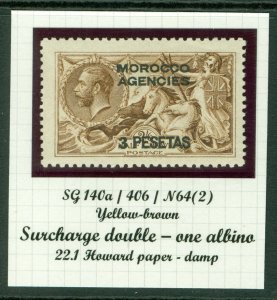SG 140a Morocco Agencies 1917-1919. 3p on 2/6 yellow-brown, variety surcharge...