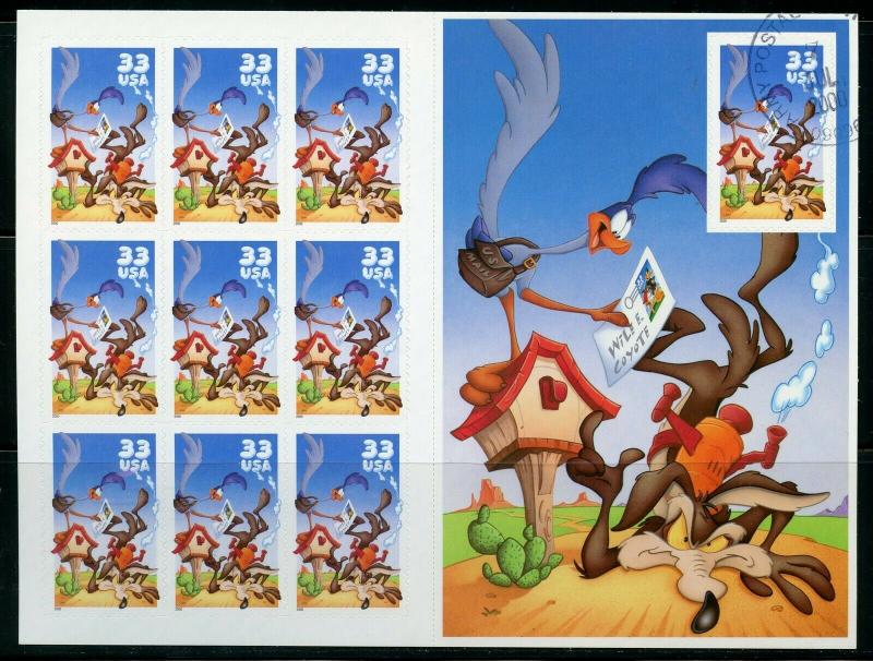 US SCOTT# 3391 COYOTE ROAD RUNNER COMPLETE SHEET OF 10 STAMPS 1 CTO AS SHOWN