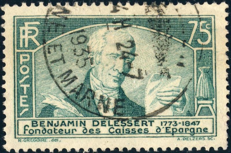 FRANCE - 1935 - Yv.303/Mi.299 75c vert Benjamin Delessert - Oblitéré TB