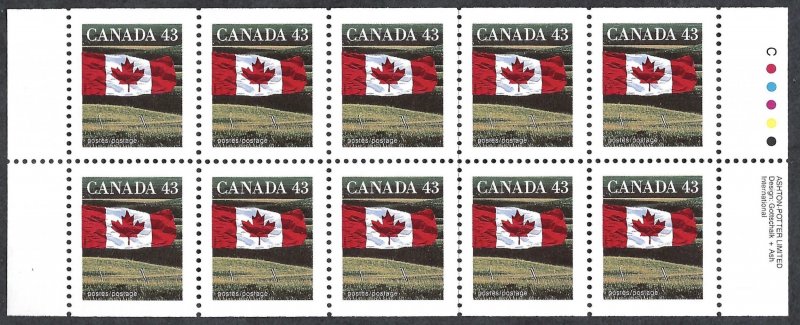 Canada #1359a 43¢ Flag over Prairie (1992). Pane of 10 stamps. MNH