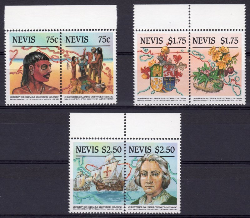 Nevis 1986 CHRISTOPHER COLUMBUS SHIPS set (3) Pairs 6v Perforated Mint (NH)