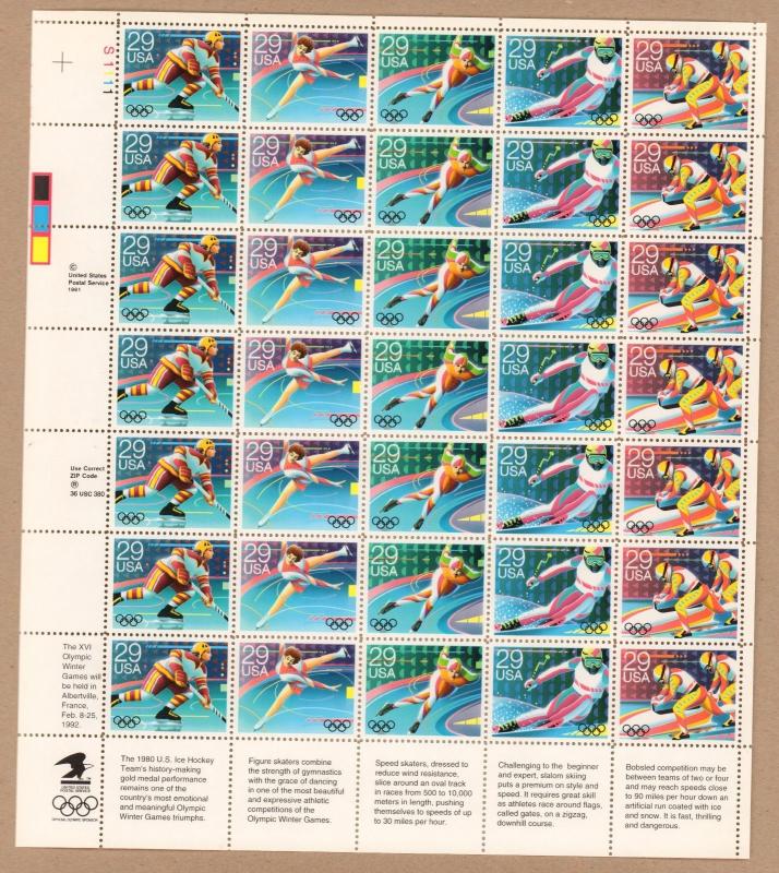 2611-2615  Winter Olympics, Albertville  MNH  29¢ Sheet of 35  FV $10.15  1992