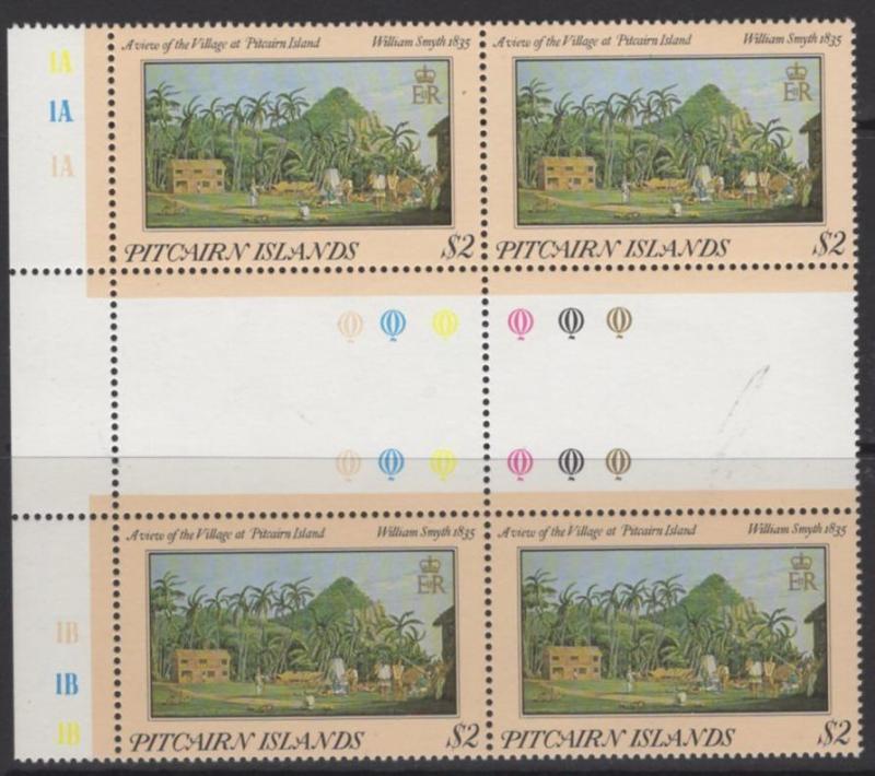 PITCAIRN ISLANDS SG267var 1985 $2 PAINTINGS INSCRIBED 1835 MNH BLOCK OF 4