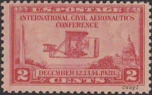 US #649 1928 2c Carmine Rose Wright Flyer Aeronautics  MINT-F-VF-OG-NH.
