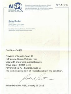 Canada #11 Used Fine **With Certificate**