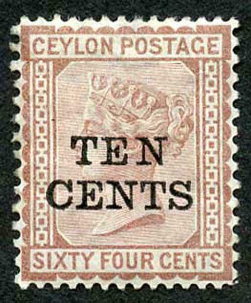 Ceylon SG164 10c on 64c Red-brown wmk Crown CC (gum bend)