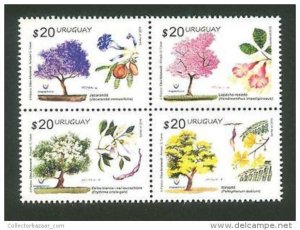 2016 MNH STAMP BLOCK OF 4 URUGUAY flowered trees native flora forest seed fruits