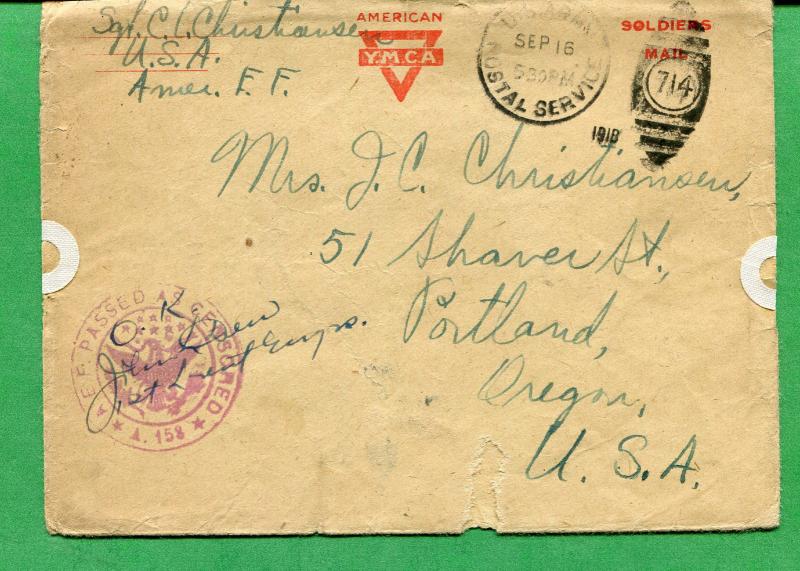 Censored Soldiers Mail Cover 1918 to Portland OR Numeral Duplex Cancel - S8380