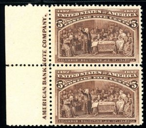 USAstamps Unused FVF US 1893 Columbian Expo Imprint Pair Scott 234 OG MNH