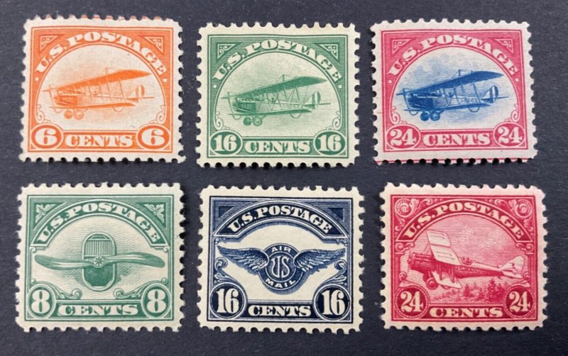 US Stamps #C1-C6 1918-1923 Complete Set of 6 Airmail stamps - VF+ - Mint LH/NH 