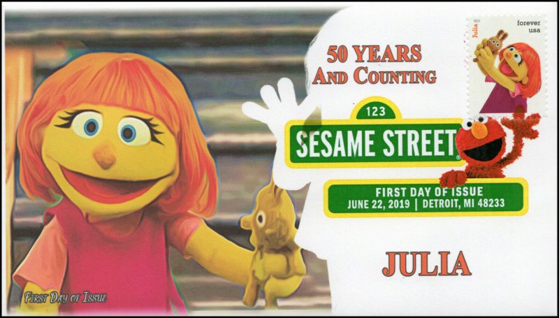 19-165, 2019, Sesame Street, Digital Color Postmark, FDC, Julia, 50 Years