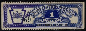 Scarce 1940's US Revenue Pennsylvania Soft Drink Tax One Gallon No.669 MNH