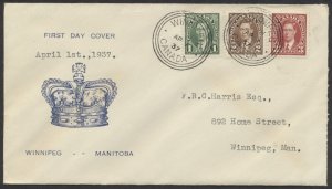 1937 #231-233 1c-3c George VI Mufti FDC Blue Crown Cachet Winnipeg Orb