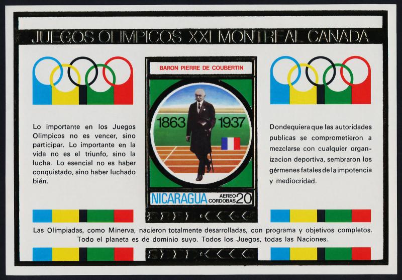 Nicaragua gold s/s MNH Olympics, Baron Pierre de Coubertin