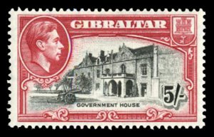 Gibraltar #116b (SG 129a) Cat£50, 1938-49 5sh dark carmine and black, perf. ...