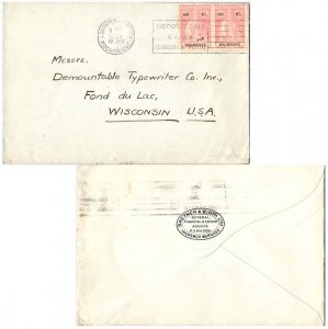 Mozambique 80c Ceres (2) 1929 Lourenco Marques, Mocambique to Fond du Lac, Wi...