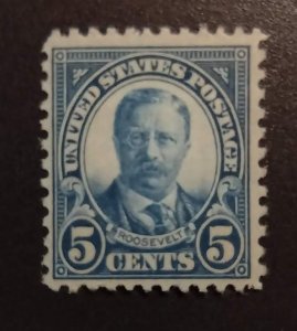 US Scott 637 5c Teddy Roosevelt MINT F/VF LH OG Dark Blue Perf 11x10.5 1927