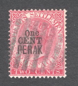 Malaya - Perak, Scott #25   F/VF, Used, 1c on 2c rose, CV $27.50 ......  4990011