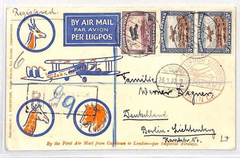 BH71 1932 SOUTH WEST AFRICA Registered Airmail Cover GERMANY 