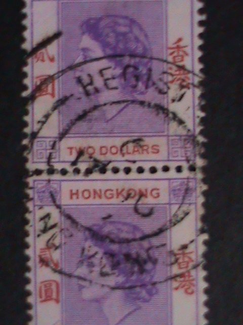 ​HONG KONG-1954 SC#196- 68 YEARS OLD-QUEEN ELIZABETH II -$2 PAIR-FANCY CANCEL